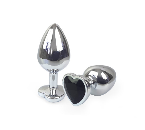 Металева анальна пробка Серце М з Чорним кристалом, довжина 8см, діаметр 3,4см