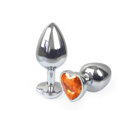 Металлическая анальная пробка Сердце М с Оранжевым кристаллом , длина 8см, диаметр 3,4см