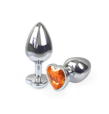 Металева анальна пробка Серце М з Помаранчевим кристалом, довжина 8см, діаметр 3,4см