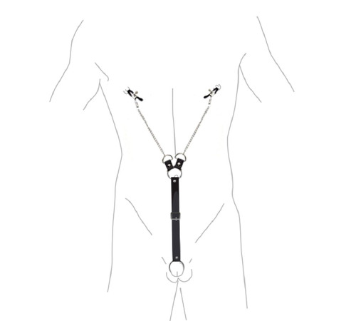 Зажимы для сосков с фиксацией на мошонке Art of Sex Nipple Clamps for Men, Эко кожа