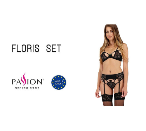 Комплект білизни FLORIS SET black XXL/XXXL - Passion Exclusive: ліф, трусики, пояс для панчох