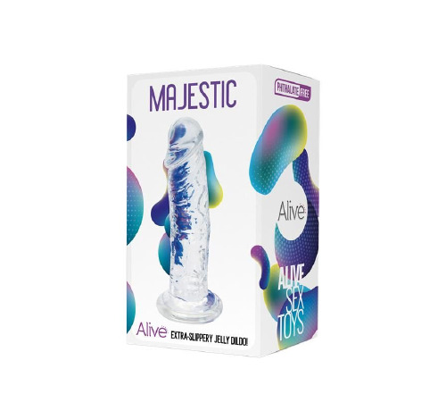 Прозрачный фаллоимитатор Alive Jelly Dildo Majestic, ТПЕ, присоска, диаметр 3.7см, длина 14.7см