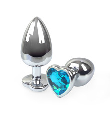 Металлическая анальная пробка Сердце L с Голубым кристаллом , длина 9см, диаметр 4см