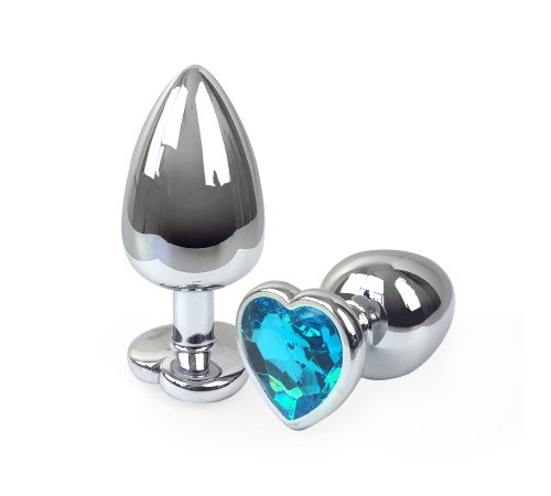 Металева анальна пробка Серце L з Блакитним кристалом, довжина 9см, діаметр 4см