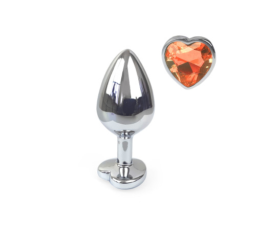 Металева анальна пробка Серце М з Помаранчевим кристалом, довжина 8см, діаметр 3,4см