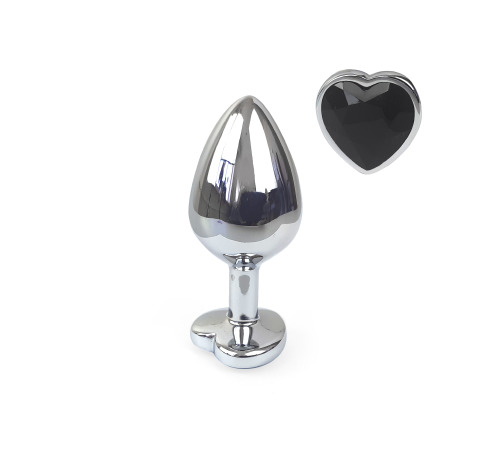 Металева анальна пробка Серце М з Чорним кристалом, довжина 8см, діаметр 3,4см