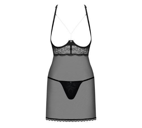 Прозрачная сорочка с открытой грудью Obsessive Pearlove chemise & thong black S/M, трусики