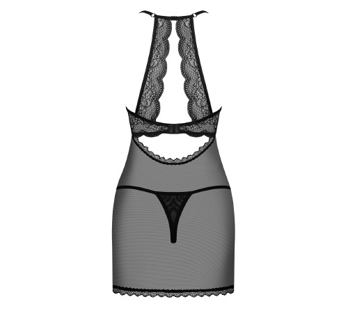 Прозрачная сорочка с открытой грудью Obsessive Pearlove chemise & thong black S/M, трусики