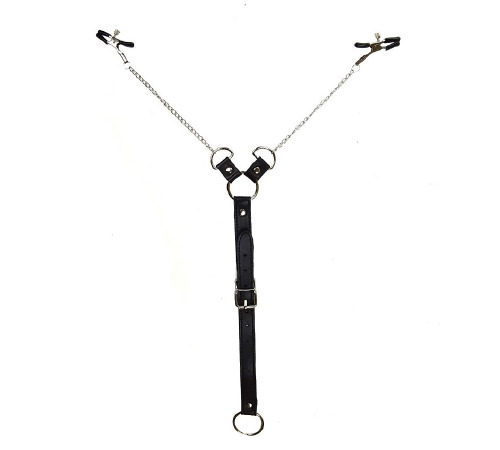 Зажимы для сосков с фиксацией на мошонке Art of Sex Nipple Clamps for Men, Эко кожа