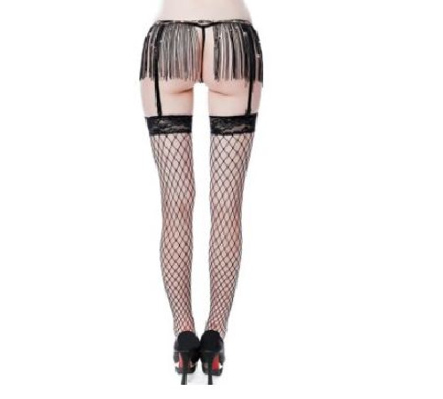 Эротический комплект чулок в крупную сетку и пояса с бахромой