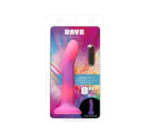 Светящийся в темноте фаллоимитатор ADDICTION Rave 8″ Glow in the Dark Dildo Pink Purple, 20,3 см