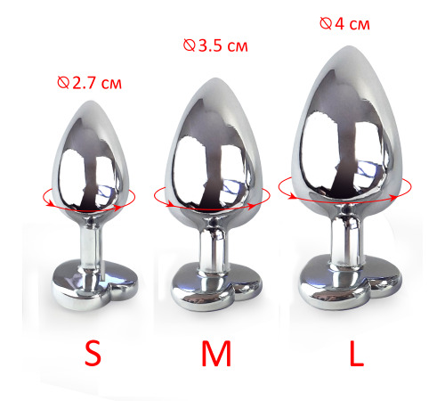 Металева анальна пробка Серце L з Темно-рожевим кристалом, довжина 9см, діаметр 4см