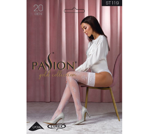 Чулки Passion ST119 5 белые, на ажурной силиконовой резинке, с цветочным декором, люрексовая нить