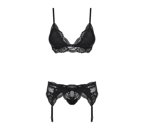 Мереживний комплект білизни Obsessive 810-SEG-1 S/M Black, бюстгальтер, стрінги, пояс для панчіх