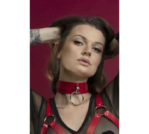 Чокер широкий с кольцом для поводка Feral Feelings - Collar красный, натуральная кожа