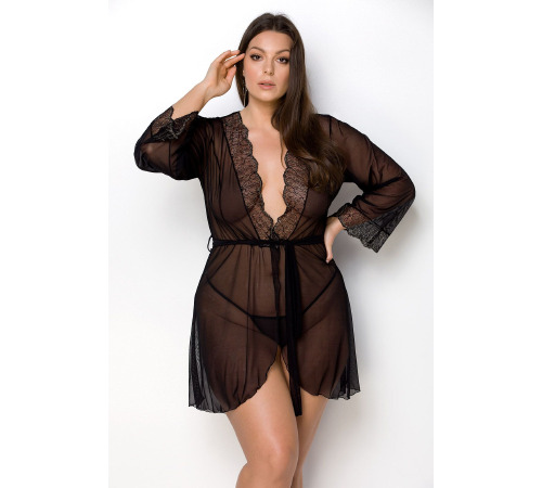 Пеньюар Passion Amberly Peignoir 6XL/7XL black, ажурні декольте та манжети, широкі рукави