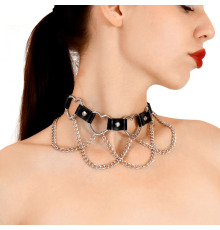 Чокер с сердцами и цепочками Art of Sex - Freya, натуральная кожа, цвет черный