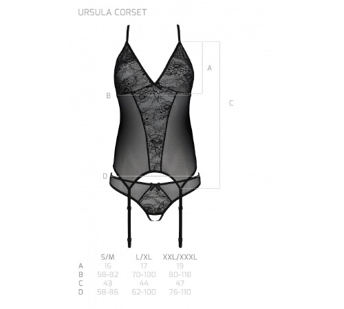Корсет Passion Ursula Corset black S/M, з пажами, трусики з ажурним декором та відкритим кроком
