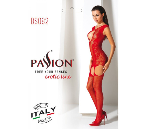 Ажурный бодистокинг с чулками Passion BS082 red