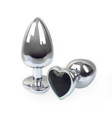 Металлическая анальная пробка Сердце L с Черным кристаллом , длина 9см, диаметр 4см