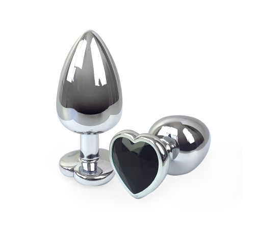 Металлическая анальная пробка Сердце L с Черным кристаллом , длина 9см, диаметр 4см