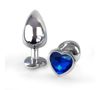 Металева анальна пробка Серце L із Синім кристалом, довжина 9см, діаметр 4см