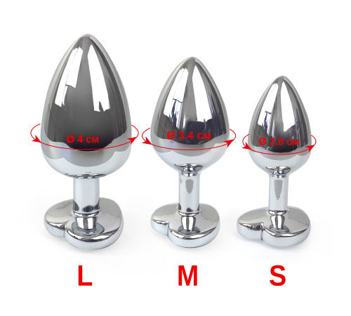 Металева анальна пробка Серце S з прозорим кристалом, довжина 7см, діаметр 2,8см.