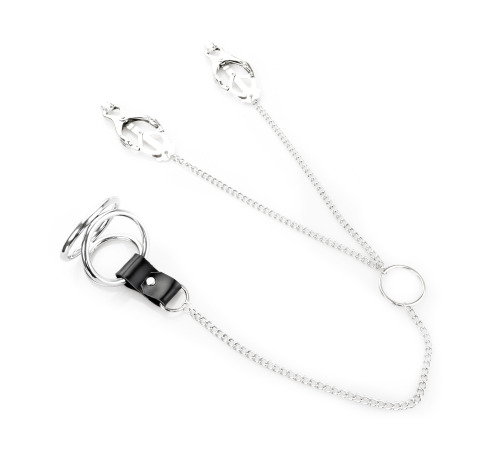 Мужское эрекционное кольцо Клевер с зажимами для сосков, Серебро