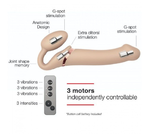 Безремінний страпон з вібрацією Strap-On-Me Vibrating Flesh M, діаметр 3,3см, пульт ДК, регульований
