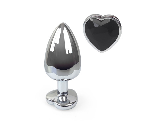 Металлическая анальная пробка Сердце L с Черным кристаллом , длина 9см, диаметр 4см