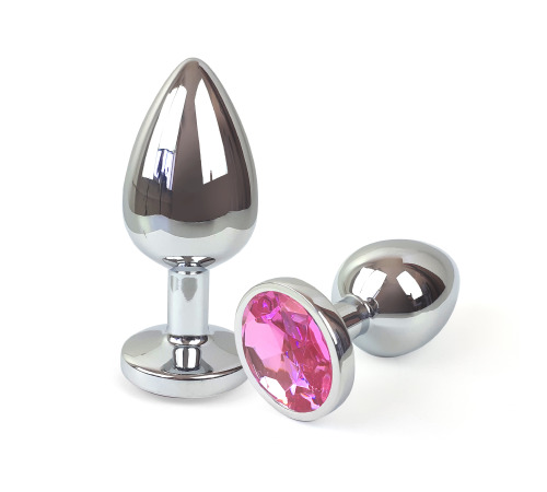 Металева анальна пробка L зі Світло рожевим кристалом, довжина 9см, діаметр 4см