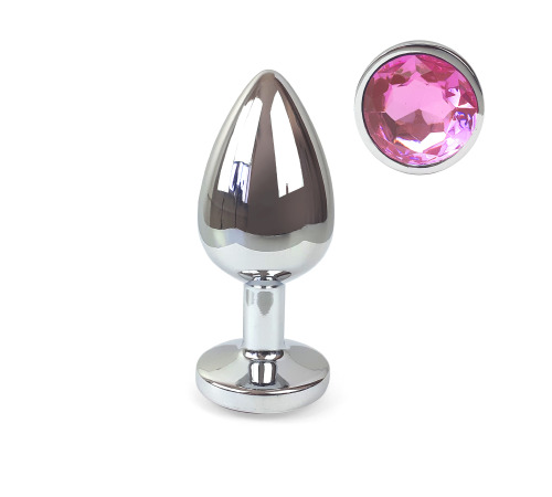 Металева анальна пробка L зі Світло рожевим кристалом, довжина 9см, діаметр 4см