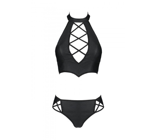 Комплект из эко-кожи: бра и трусики с имитацией шнуровки Nancy Bikini black L/XL - Passion