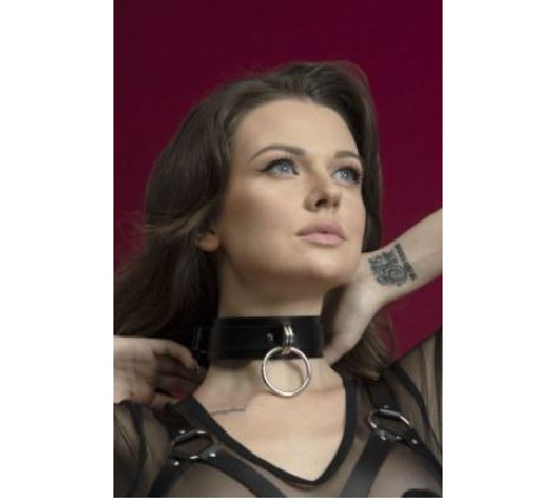 Чокер широкий с кольцом для поводка Feral Feelings - Collar черный, натуральная кожа