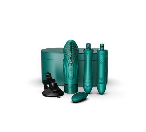 Компактна смарт секс-машина Zalo – Sesh Turquoise Green, 2 насадки, пульт ДК, кристал Swarovski