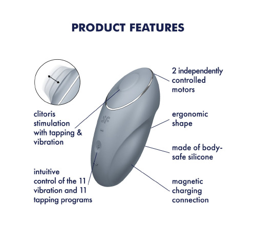 Вибростимулятор-пульсатор Satisfyer Tap & Climax 1 Bluegrey, эффект постукивания пальцем, 2 мотора