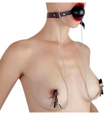 Кляп пластиковый шар с зажимами для сосков с регулировкой