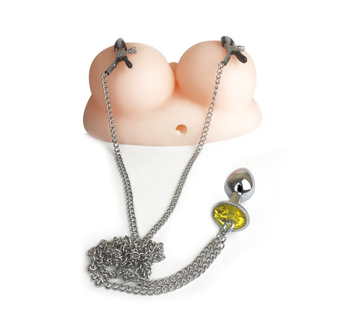 Металлическая анальная пробка S с зажимами для сосков